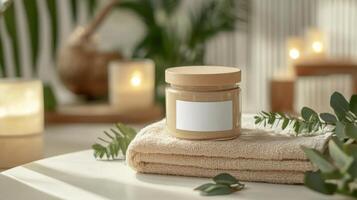 A sleek jar of natural skincare sits on a beige towel surrounded by soft candlelight and greenery. This peaceful setting highlights eco-friendly beauty practices and zero-waste initiatives. photo