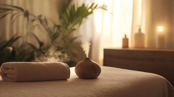 In a serene spa environment, a beautifully designed aromatherapy diffuser releases steam from essential oils. Soft lighting and natural elements enhance relaxation during treatments. photo