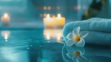 A soothing spa environment features a neatly folded towel beside a calm water surface. photo
