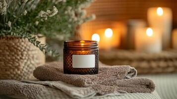 A cozy setting features an eco-friendly candle glowing softly beside a vase filled with dried flowers. Green and beige textiles create a calm ambiance, perfect for relaxation and beauty rituals. photo