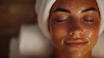 A person enjoys a calming home spa treatment, featuring a hydrating face mask and a towel wrapped around their head. The serene atmosphere enhances the beauty and relaxation experience. photo