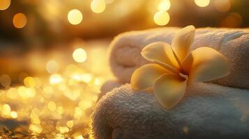 Soft towels are elegantly arranged with a fragrant flower resting on top, creating a calming atmosphere. The warm, ambient light enhances the immersive sensations of relaxation and aromatherapy. photo