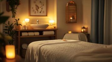 Soft candlelight illuminates a serene spa room featuring comfortable treatment tables and a soothing atmosphere. photo