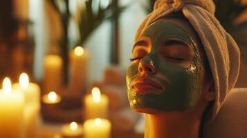 A woman enjoys a relaxing home spa experience, applying a green clay mask while surrounded by glowing candles. The tranquil atmosphere promotes beauty and wellness in a calming setting. photo
