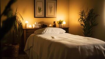 Soft lighting fills a tranquil room designed for relaxation, featuring an inviting massage table. Aromatherapy elements like candles and plants enhance the immersive atmosphere of calm and peace. photo