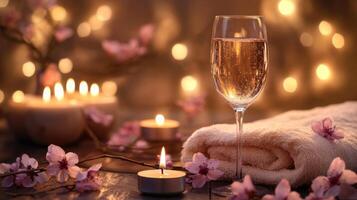 A beautiful setting features a glass of sparkling water next to soft towels and lit candles. Cherry blossoms scatter on the table, creating a calming atmosphere enhanced by the gentle glow of lights. photo