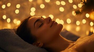 A woman enjoys a serene moment at her home spa, surrounded by soft ambient lights. She relaxes on a towel, savoring a multisensory experience that promotes beauty and well-being. photo