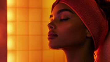 Soft light envelops a person enjoying a tranquil moment at home, surrounded by calming colors and a serene atmosphere. The warm glow enhances a multisensory beauty routine. photo