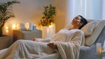 A woman enjoys a calming home spa experience, surrounded by soft lighting and soothing decor. She reclines comfortably, embracing relaxation and tranquility in a serene environment. photo