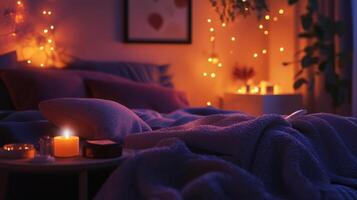 Soft bedding is surrounded by warm candlelight and fairy lights, creating a tranquil atmosphere perfect for relaxation. The inviting space promotes a multisensory aromatherapy experience. photo