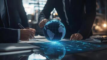 Professionals engage in collaborative discussions about ai advancements and sustainable finance strategies at a contemporary office. The focus is on a glowing digital globe symbolizing global impact. photo