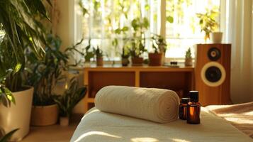 Natural light fills the room as a neatly rolled towel rests beside eco-friendly beauty oils. Vibrant plants adorn the windowsill, creating a serene atmosphere perfect for wellness and relaxation. photo