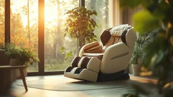 A multisensory experience unfolds in a tranquil room as sunlight streams through large windows, illuminating a state-of-the-art ai massage chair surrounded by lush greenery. photo