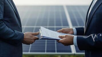 Two individuals engage in a formal agreement exchange at a solar energy facility during daylight. photo
