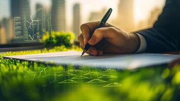 A person writes on paper surrounded by greenery, symbolizing the integration of sustainable finance practices. photo