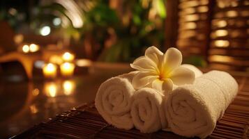 Soft white towels neatly arranged next to a delicate flower create a calming atmosphere. Candles flicker softly in the background, enhancing the immersive experience of the spa setting. photo