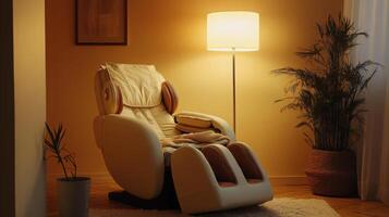 A cozy chair designed for relaxation stands in a softly lit room, surrounded by plants. The ambiance promotes a multisensory experience, ideal for aromatherapy and mindfulness activities. photo