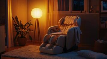 A cozy room with warm lighting showcases a plush massage chair beside a plant. Aromatherapy scents fill the air, creating an immersive and relaxing atmosphere perfect for unwinding. photo