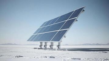 A solar panel array stands on a barren landscape, showcasing innovative sustainable finance technology. The installation emphasizes clean energy in remote locations, promoting renewable resources. photo