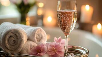 A tranquil bath environment features soft towels and delicate flowers arranged on a tray. A sparkling beverage adds a touch of elegance while candles create a warm, inviting glow. photo