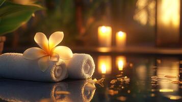 A tranquil atmosphere is created with soft lighting from candles illuminating rolled white towels and a delicate flower. photo