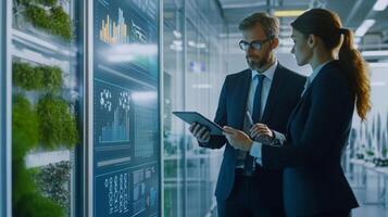 Two professionals engage in a discussion about sustainable finance strategies. They analyze digital data displayed on a screen featuring graphs and environmental metrics in a modern office. photo