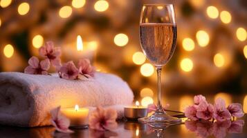 Glass of sparkling water sits next to soft towels and lit candles. Delicate flower petals are scattered around, creating a tranquil atmosphere perfect for relaxation and mindfulness practice. photo