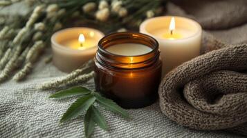 A serene setup featuring an amber jar of natural skincare surrounded by two glowing candles. Fresh greenery adds a touch of nature to the cozy scene, promoting eco-conscious beauty practices. photo