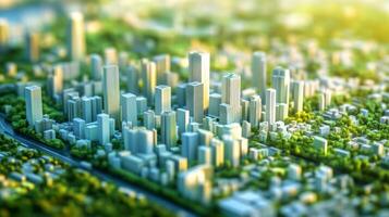 A vibrant cityscape highlights advanced architecture and green spaces, reflecting sustainable finance principles. photo