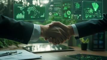 Two professionals shake hands, signifying a partnership focused on sustainable finance solutions. The background features digital graphs and charts, highlighting the role of AI in this initiative. photo