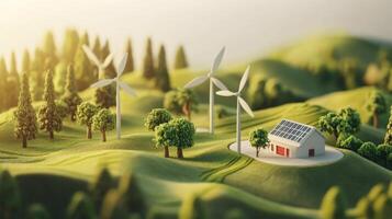 A miniature landscape features wind turbines and solar panels on a small house, symbolizing sustainable finance initiatives. photo