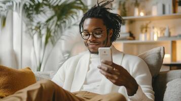 A young man is comfortably seated on a stylish couch, enjoying a virtual consultation for skincare. He uses his smartphone to interact, surrounded by a warm and inviting atmosphere. photo