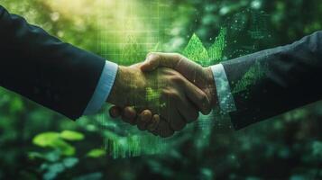Two professionals are shaking hands in a green environment, symbolizing a partnership focused on sustainable finance. Digital overlays represent growth and innovation in investment strategies. photo