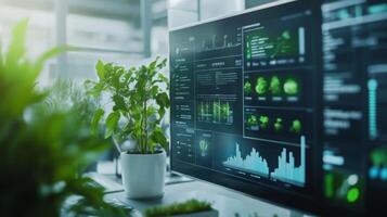 A workspace features a computer monitor displaying graphs and analytics related to sustainable finance. photo