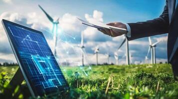 A business professional examines sustainable finance strategies using AI technology in a green field with wind turbines. The setting highlights innovation in environmental and financial practices. photo