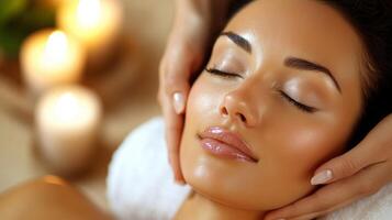 A woman enjoys a calming beauty treatment at a home spa. Soft candlelight surrounds her while gentle hands provide a soothing massage to her face, creating a tranquil and restorative atmosphere. photo