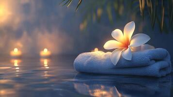 Soft candles illuminate a tranquil space as a fresh flower rests on a folded towel. The setting promotes relaxation and eco-friendly beauty practices while emphasizing natural elements. photo