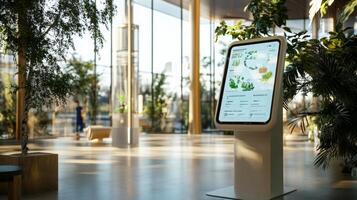 A sleek digital display highlights sustainable finance initiatives in a bright, open area filled with greenery. Sunlight filters through large windows, creating a welcoming atmosphere for visitors. photo