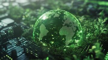 A detailed view of a digital globe surrounded by lush green vegetation, symbolizing the integration of technology and sustainability. photo