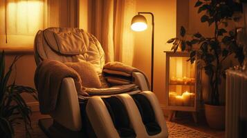 A tranquil setting features a plush chair surrounded by warm lighting and soothing aromas. Soft blankets are neatly draped, enhancing the peaceful atmosphere perfect for relaxation. photo