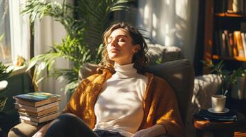 A person enjoys a tranquil moment in a sunlit room while engaging in a remote skincare consultation. Surrounded by plants and books, this cozy setting enhances the experience. photo