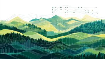 A serene landscape of rolling green hills is overlaid with data visualizations representing artificial intelligence and sustainable finance. photo