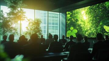Professionals gather in a modern conference room with large windows, focusing on a presentation about AI applications in sustainable finance. The green visuals on screen reflect environmental themes. photo