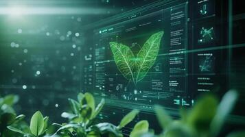 Digital projections of leaves and data showcase the blend of AI and sustainable finance, highlighting innovative strategies for environmental assessments and investment solutions. photo
