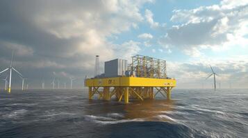 A bright yellow offshore platform stands prominently in the water, surrounded by wind turbines under a varied cloudy sky. This setup is designed to promote sustainable finance initiatives. photo