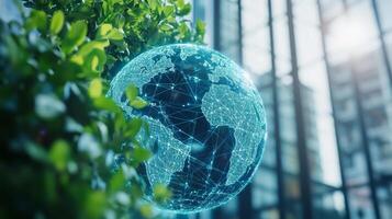 A digital representation of Earth surrounded by greenery symbolizes the intersection of technology and sustainable finance. photo