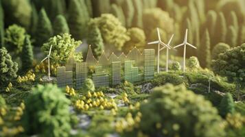 Amidst a lush green landscape, newly developed financial ideas emerge, represented by wireframe buildings alongside wind turbines. This vision highlights the integration of nature and finance. photo