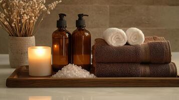 Natural beauty products are displayed on a wooden tray, featuring brown bottles, soft towels, and sea salt. photo