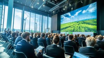 Attendees gather in a modern conference hall to discuss AI applications in sustainable finance. The backdrop features wind turbines against a bright sky, symbolizing renewable energy. photo