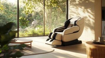 A spacious room features a modern massage chair positioned next to large windows overlooking a lush garden. photo